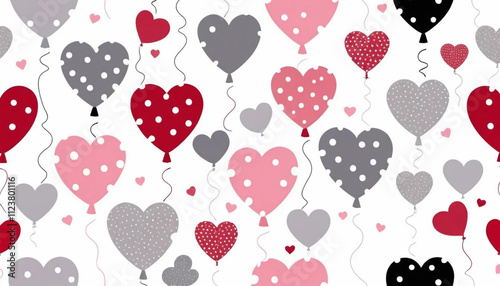 A seamless pattern of heart-shaped balloons in various shades of pink and red, on a white background. Valentines Day Pattern.