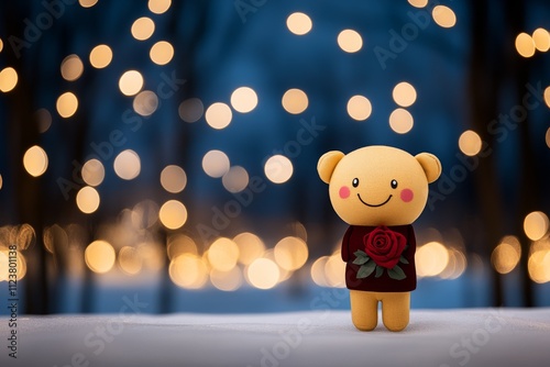  Un oso de peluche amarillo con un suéter decorado con una rosa roja, colocado sobre la nieve con luces cálidas en el fondo.
 photo