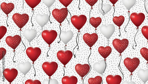 A seamless pattern of red heart-shaped balloons on a white background dotted with small white dots. Valentines Day Pattern.