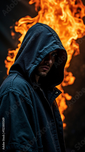 Enigmatic Hooded Figure Amidst Flames: Powerful Imagery for Thriller Book Covers or Adventure Product Campaigns photo