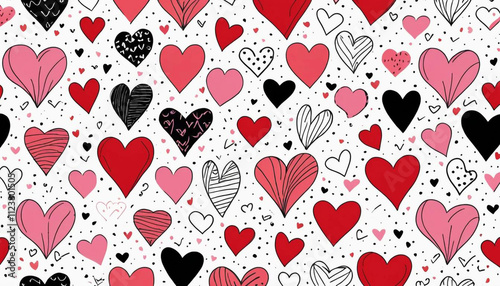 A seamless pattern of various hand-drawn hearts.  Hearts are in varying shades of red and pink, outlined in black. Valentines Day Pattern.