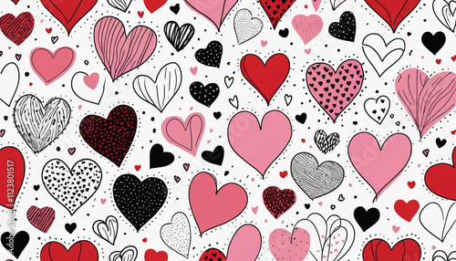 A seamless pattern of various hand-drawn hearts.  Hearts are in varying shades of red and pink, outlined in black. Valentines Day Pattern.