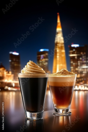  Dos bebidas de café cremoso con un paisaje urbano nocturno al fondo.
 photo