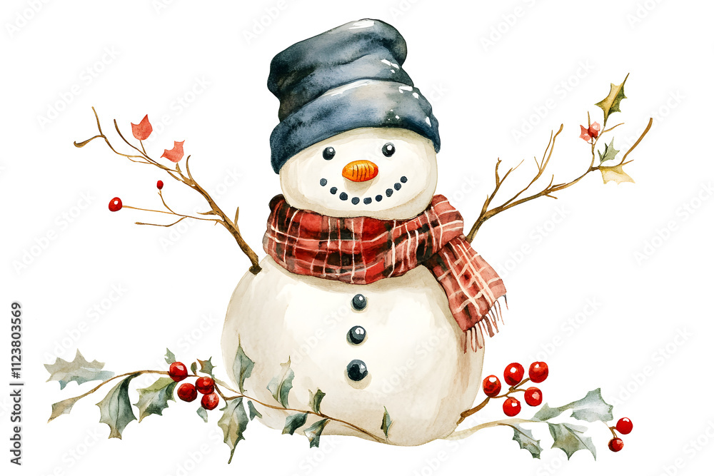 Cute christmas snowman in a hat and scarf with holly branches and red ...