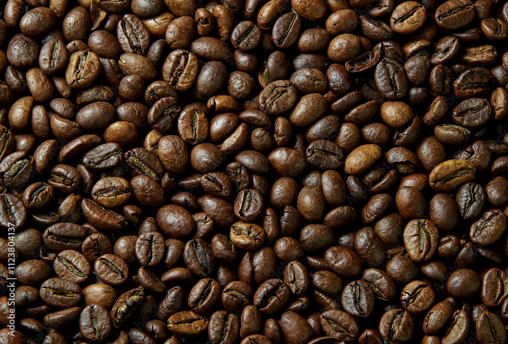 Naklejka premium Coffee beans close-up roasted brown texture background aromatic caffeine beverage ingredient macro photography high resolution food and drink concept