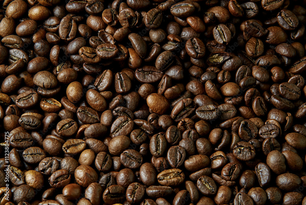 Fototapeta premium Coffee beans close-up roasted brown texture background aromatic caffeine beverage ingredient macro photography high resolution food and drink concept