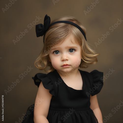 Una preciosa pequeña rubia con un atuendo negro que incluye un moñito photo