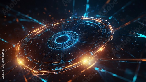 A glowing, futuristic circular object emits orange and blue lights, surrounded by particles and dynamic energy effects.
