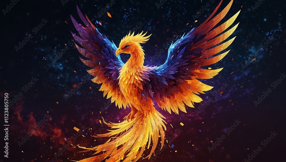 A vibrant phoenix with fiery orange and blue feathers soars against a dark, starry background, radiating energy. A vibrant phoenix with fiery orange and blue feathers soars against a dark, starry background, radiating energy.