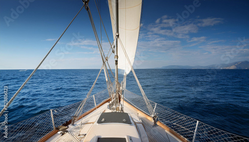 Vista relajante del horizonte azul de cielo y mar desde la proa de un barco de vela concepto de navegación, libertad, aventura, vacaciones y viaje marítimo
