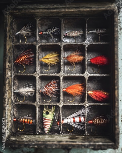 A vintage wooden box containing various fishing lures organized in compartments. photo