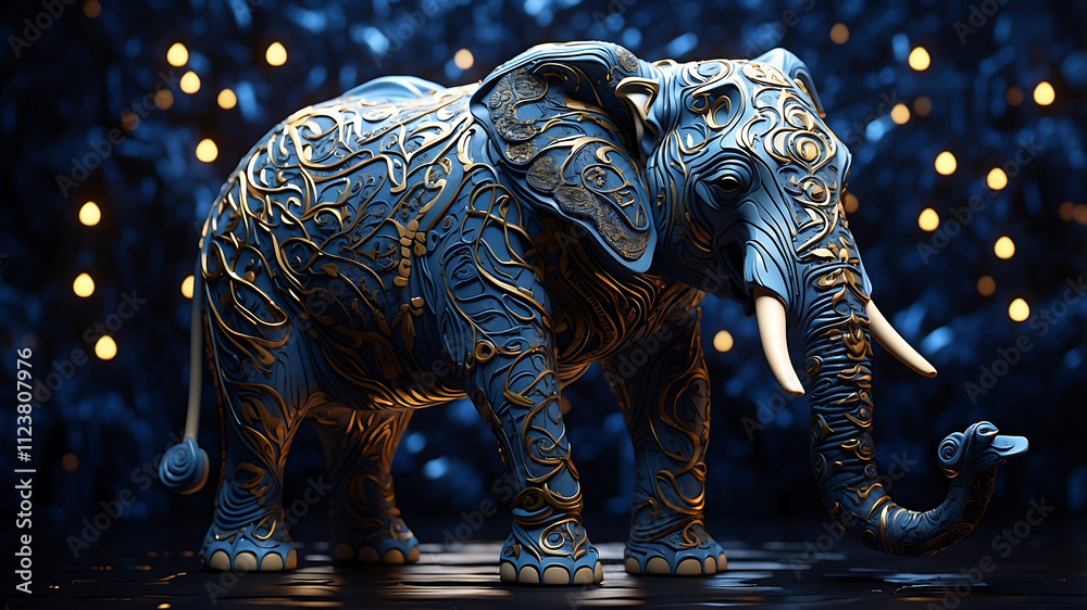 Fototapeta premium Elephant with a black background, its trunk adorned with a blue pattern and white dots resembling a starry sky, evoking a futuristic, surreal feel