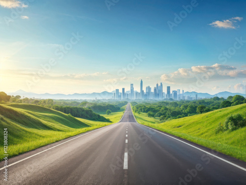 A straight asphalt road stretching into the distance, surrounded by lush green hills leading to a modern city skyline with mountains in the background under a clear blue sky. Generative AI