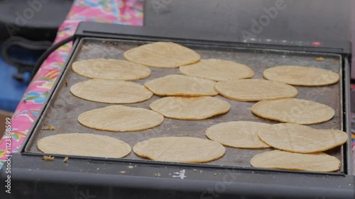 Mexican cuisine at a street food festival. The chef assembles and serves tacos al pastor in recycled disposable plates. Traditional corn tortillas, pulled pork, and spicy sauce. photo