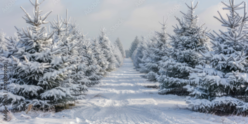 Fototapeta premium An endless row of snow-covered Christmas trees stretches as far as the eye can see in both directions, with the white powder on their branches and trunks creating a winter wonderland.