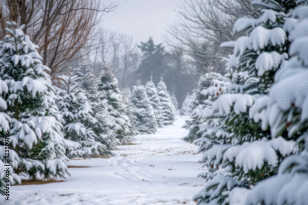 Fototapeta premium Rows of snow-covered Christmas trees in an orchard are photographed from the perspective of someone standing between them, with the trees of different shapes