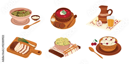 Traditional Ukrainian cuisine set with borscht, golubtsi, varenyky, salo, uzvar and potatol. Authentic food illustration. Ukrainian culture. Flat vector food set on white isolated background.