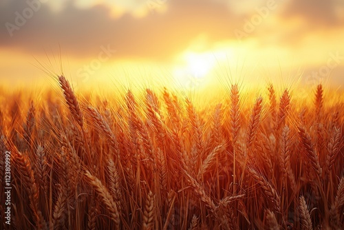 Golden wheat field at sunset with vibrant colors and soft clouds in the background photo