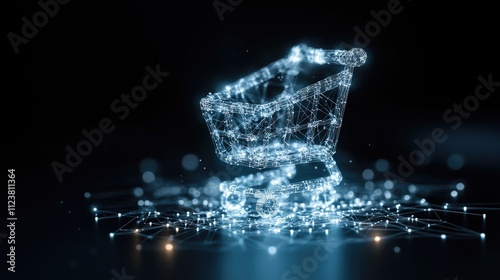Modern digital shopping cart made of glowing lines and particles representing online shopping technology and e-commerce innovation designed for graphic design projects and promotional materials
