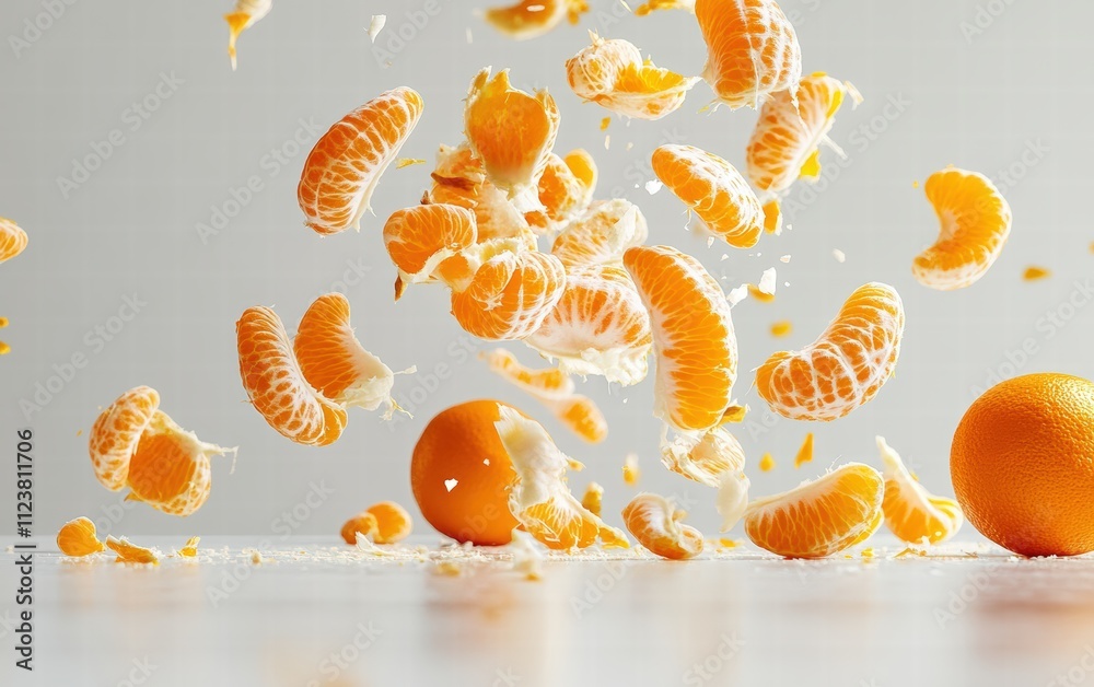 Fototapeta premium Freshly peeled mandarins with their segments flying apart on a white background