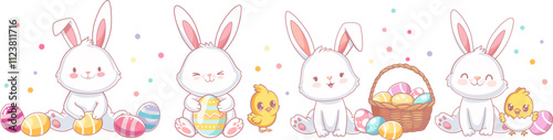 Collection of cute Easter rabbits. Cartoon characters of happy bunnies couples with Easter eggs, chickens, flowers. Kawaii hares for Eastery card, sticker, banner, package design. Vector illustration