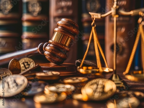Regulatory-Compliance-Crypto, Legal Aspects of Bitcoin and Cryptocurrencies, Scales of Justice, Judge’s Hammer, Books, Bitcoin Coins on Wooden Table
