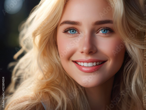 A close-up portrait of a smiling blonde woman with bright blue eyes, softly lit by natural sunlight, showcasing her radiant and happy expression. Generative AI photo