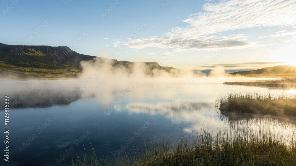 Fototapeta premium A tranquil landscape of a geothermal lake, with steam rising in the early morning light. The serene scene showcases the natural beauty of geothermal resources, highlighting their ecological