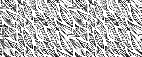 Seamless banner design with crayon drawn wavy leaves. Hand drawn vector organic seamless pattern. Pencil abstract botanical motif. Vector ink illustration, banana leaves line art, naive kid's drawing.