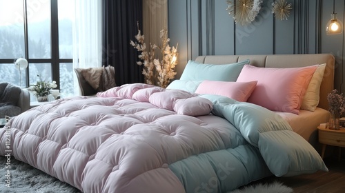 Pastel pink and blue duvet cover on a bed in a modern bedroom.