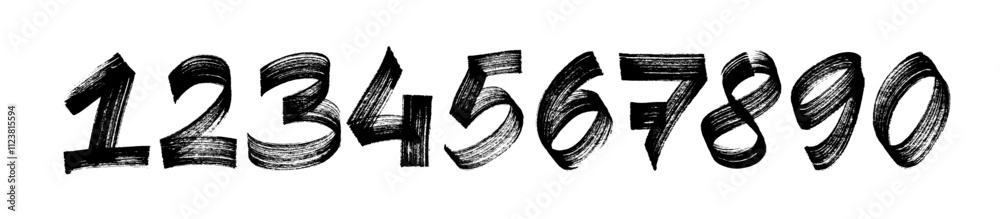 Collection grunge brush drawn numbers from 0 to 9. Dirty painted numbers set. Hand drawn typography vector elements. Distressed characters with bold dry brush strokes.