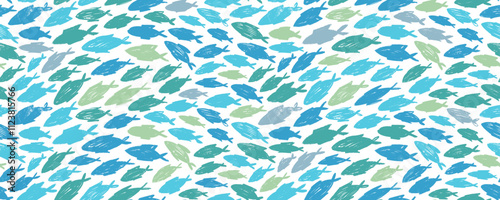 Colorful seamless banner background with crayon drawn school of fish. Marine seamless pattern with rough charcoal texture. Childish blue and green wrapping paper with various chaotic fish.