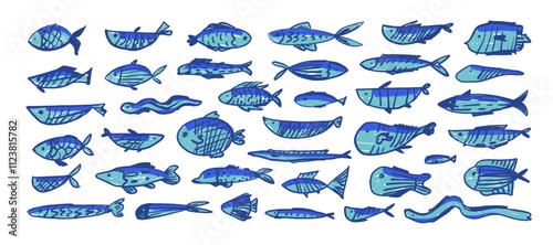 Various crayon drawn cute blue fish with decorative patterns. Hand drawn vector marine creatures.