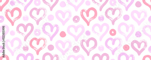 Red bold brush drawn hearts with dots seamless pattern. Vector wrapping paper design for Valentine's day.