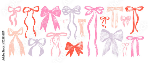 Crayon drawn ribbons and bows vector illustration collection. Coquette style bows drawing, aesthetic elegant girly ribbons. Elegant vintage cliparts in pastel pink color. Hand drawn art girly decor.