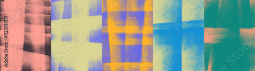 Colorful grunge halftone poster backgrounds. Comic overlay texture with dots or pixels. Retro faded grit noise texture. Urban street art graffiti punk posters set. Hand drawn screen print backgrounds.