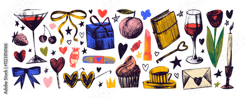 Colorful sketchy girlish elements drawn with a crayon. Various doodle shapes, glasses, candies, glass of wine.