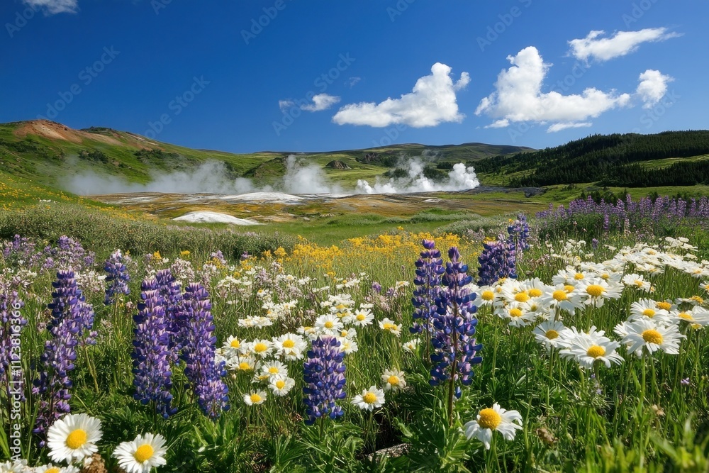 Obraz premium A beautiful landscape featuring a geothermal field with wildflowers blooming among the steam vents. The image captures the ecological diversity that can coexist with geothermal energy production,
