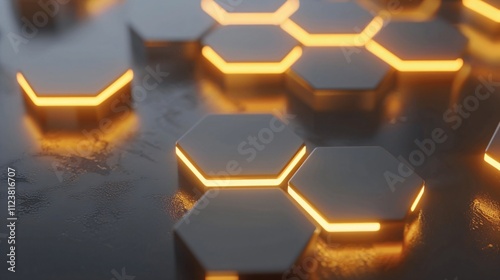 Futuristic Hexagonal Shapes with Glowing Edges on Dark Surface
