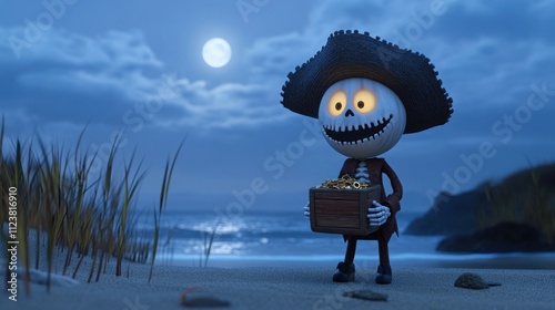 Jolly roger skeleton pirate holding treasure chest on beach at night.