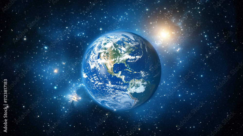 Fototapeta premium A view of Earth from space, illuminated by the sun with stars sparkling in the distance.