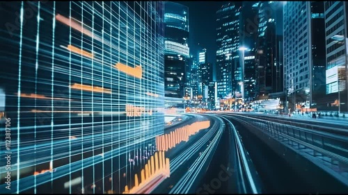 Dynamic economic graphics overlaying modern city buildings at night