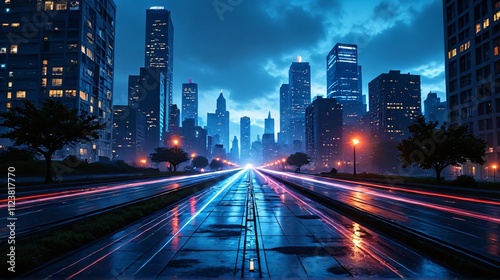 Urban cityscape at night with glowing lights and dramatic skyline