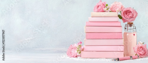 Soft Pink Books Stacked with Flowers on Light Background