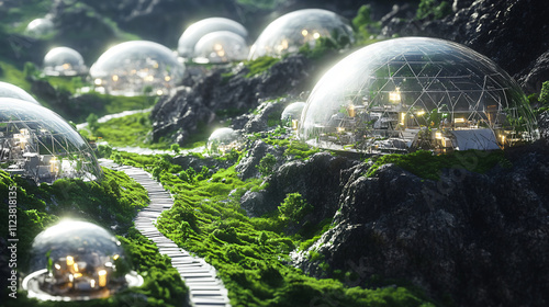 A visionary city on an asteroid with transparent domes over green areas and glowing pathways through space. photo