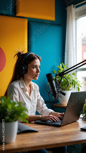 Female podcaster in cozy home studio: Inspiring content creation for audio platforms and equipment marketing photo