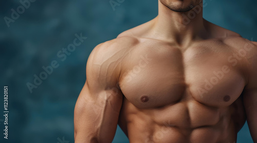 Athletic man flaunts his chiseled torso, showcasing impressive sixpack abs and a dedication to fitness. photo