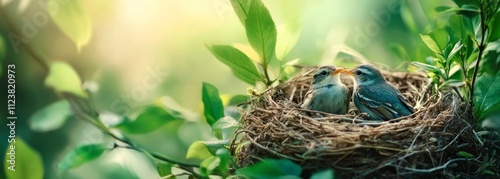 Birds family in nest composition background photo