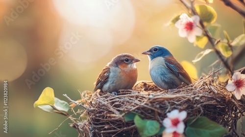 Birds family in nest composition background photo