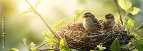 Birds family in nest composition background photo